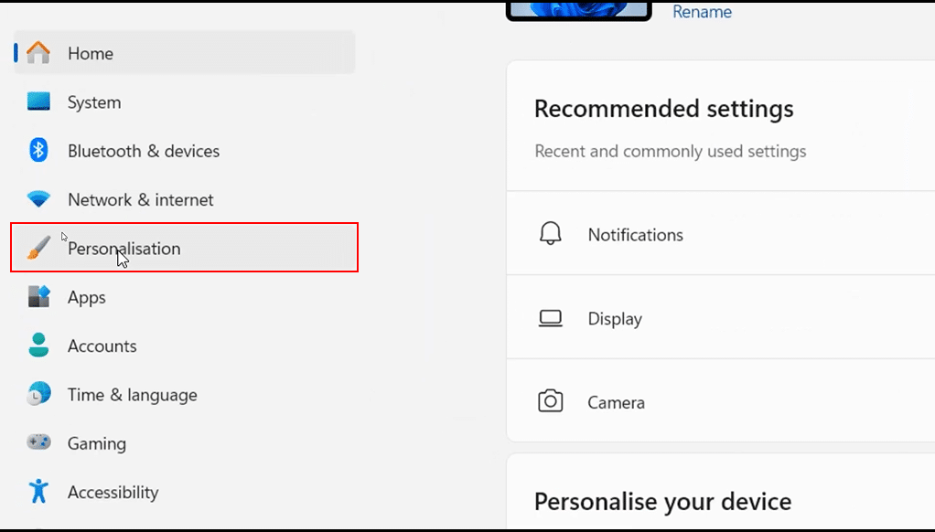 personalisation settings